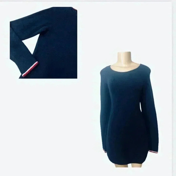 - tommy HILFIGER NAVY BLUE LONG SWEATER CURVED EDGES SIZE MEDIUM - Picture 1 of 8